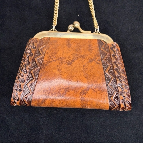 HANDMADE TOOLED LEATHER COIN PURSE GOLD CHAIN PAINTED FLEUR DE LIS WESTERN - Picture 9 of 14